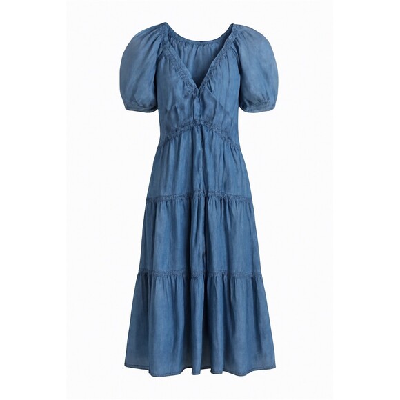 Camellia Dress Womens S Blue Tiered Fit & Flare Midi Puff Sleeve Tie Front - Picture 3 of 5